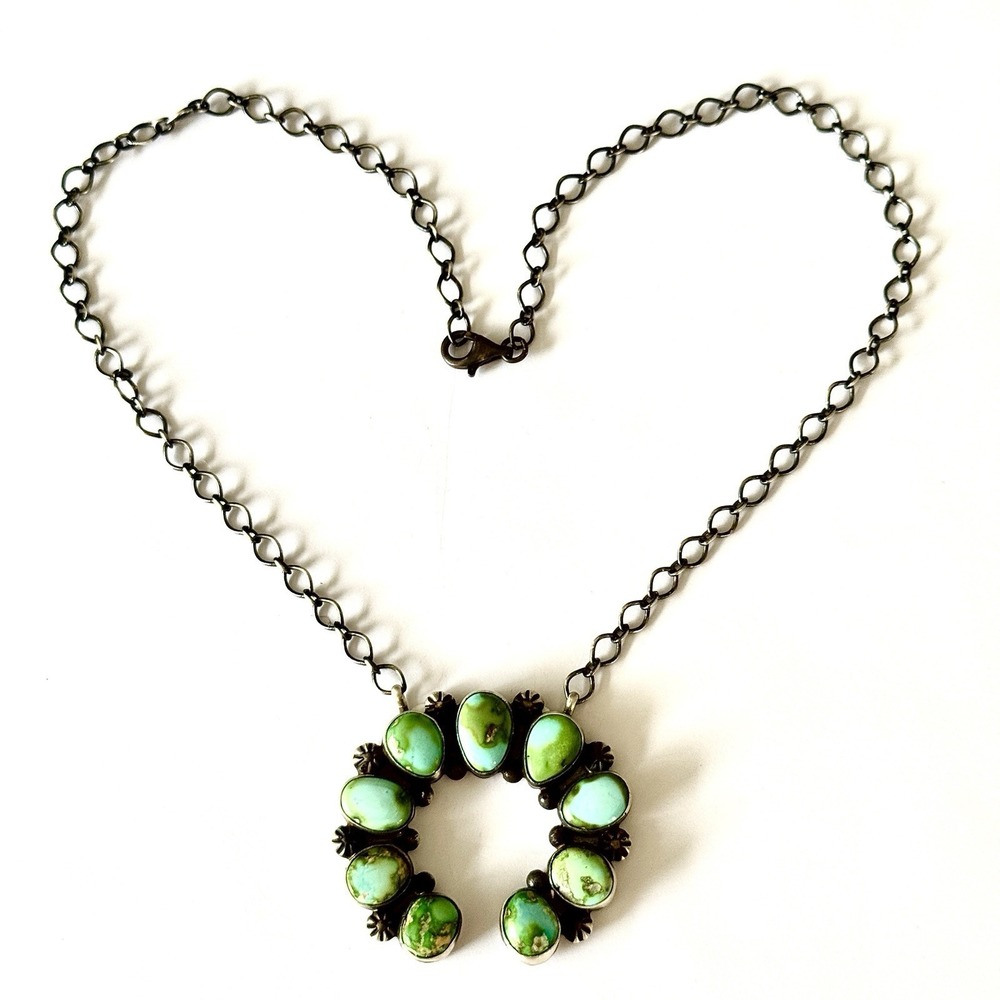 Navajo Naja Necklace Turquoise 18" Skeets Sterling Adjustable Squash on Chain - Picture 4 of 8